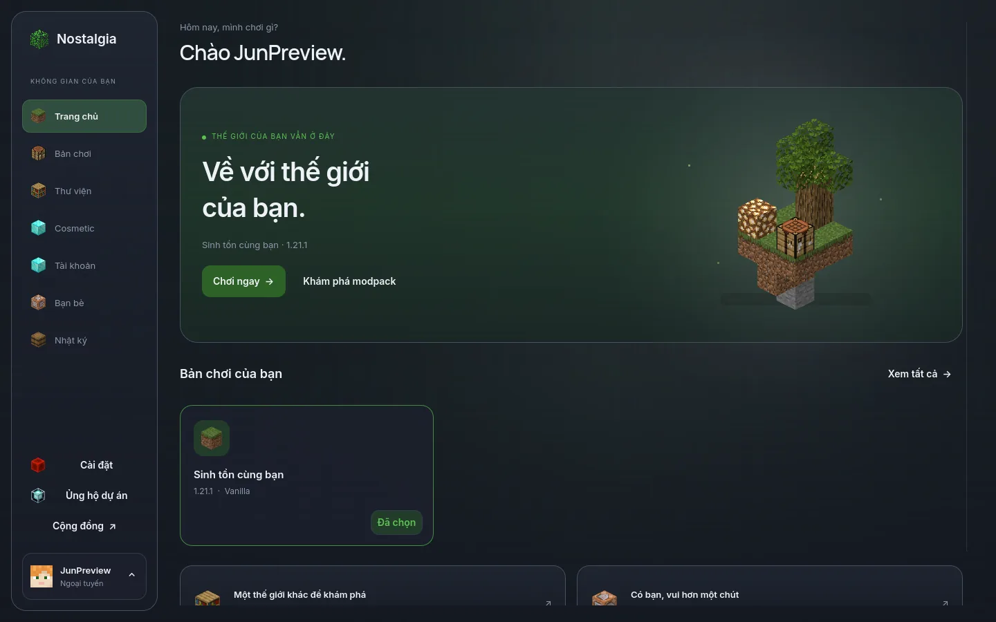 Trang chủ mới của Nostalgia với khối Minecraft, bản chơi và thanh điều hướng gọn