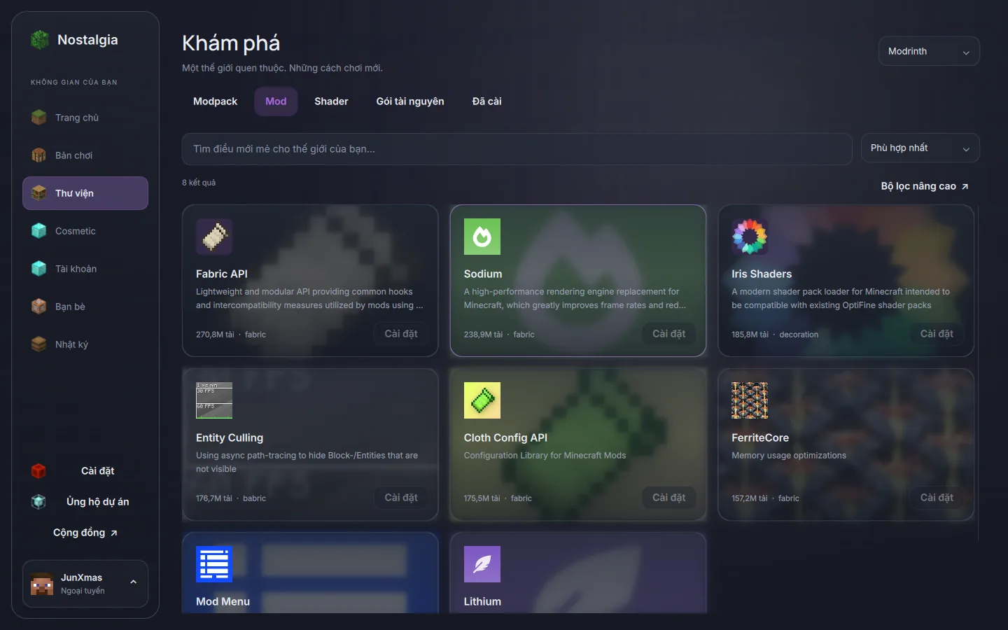 Thư viện mods với ảnh đại diện mờ phía sau từng ô nội dung
